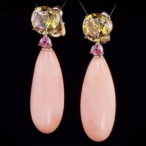 Angel Skin Coral Drop Earrings with Bicolor Tourmaline and Pink Spinel
