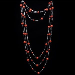 Sardinian Coral, Black Onyx and Diamond Chain Necklace, 63.5”
