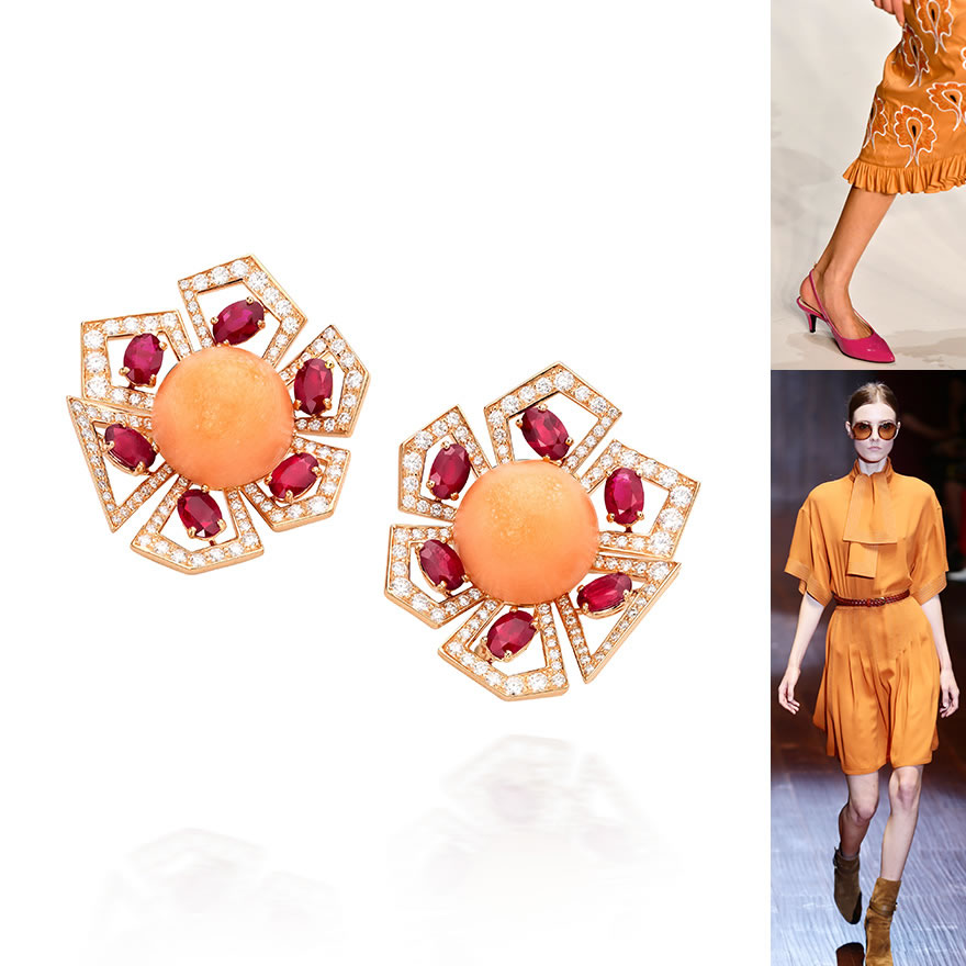 Left: “Melo Passion” Natural Pearl, Ruby and Diamond Earrings, Top Right: Mehtap Elaidi Runway Mercedes-Benz Fashion Week Istanbul, Bottom Right: Gucci Runway Milan Fashion Week