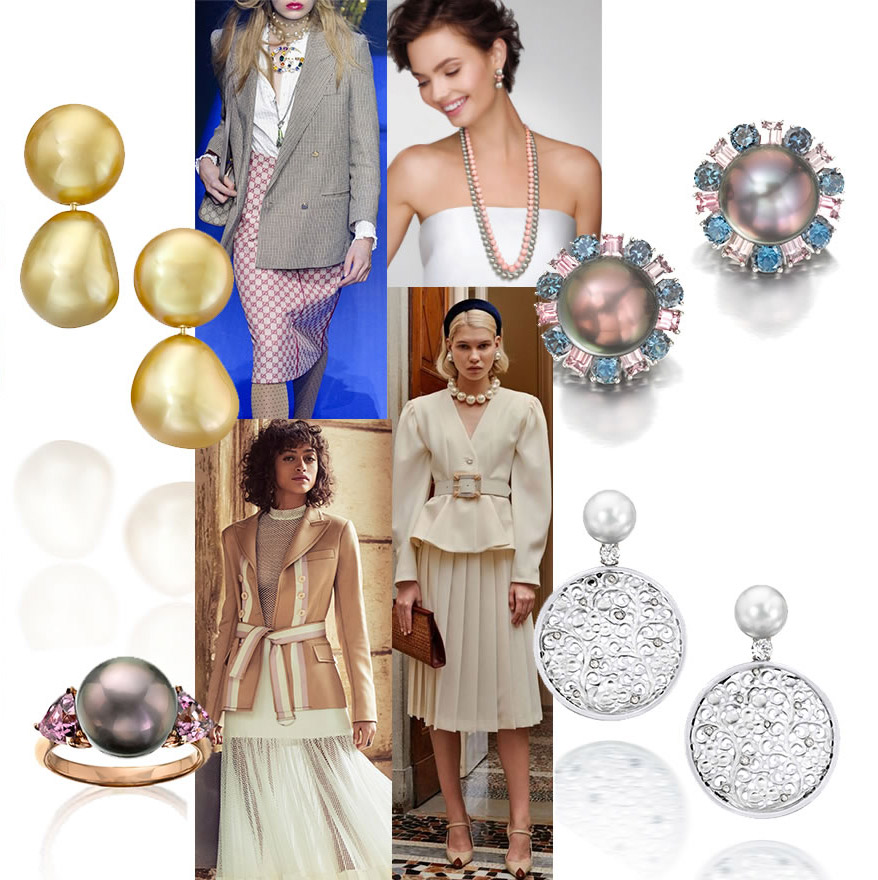  Golden Keshi South Sea Pearl Earrings; Gucci SS19; Model Moa in Tahitian Pearls and Angel Skin Coral Necklace; Tahitian Pearl and Garnet Earrings; White Jadeite and Diamond Earrings; Alessandra Rich SS19; Alexis SS19; Tahitian Pearl and Purple Spinel Ring. Runway: ModaOperandi.com.