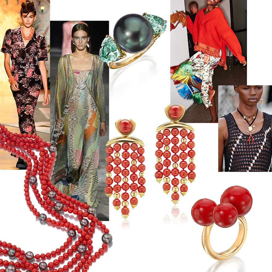 Anna Sui SS19; Missoni SS19; Tahitian Pearl and Green Garnet Ring; Coral Sweater/Skirt, Oscar de la Renta SS19; Layered Necklaces with Coral, Oscar de la Renta SS19; Sardinian Coral Bubble Ring by Sean Gilson; Sardinian Coral Earrings; Sardinian Coral and Tahitian Pearl Necklace. Runway: Getty & ModaOperandi.com.