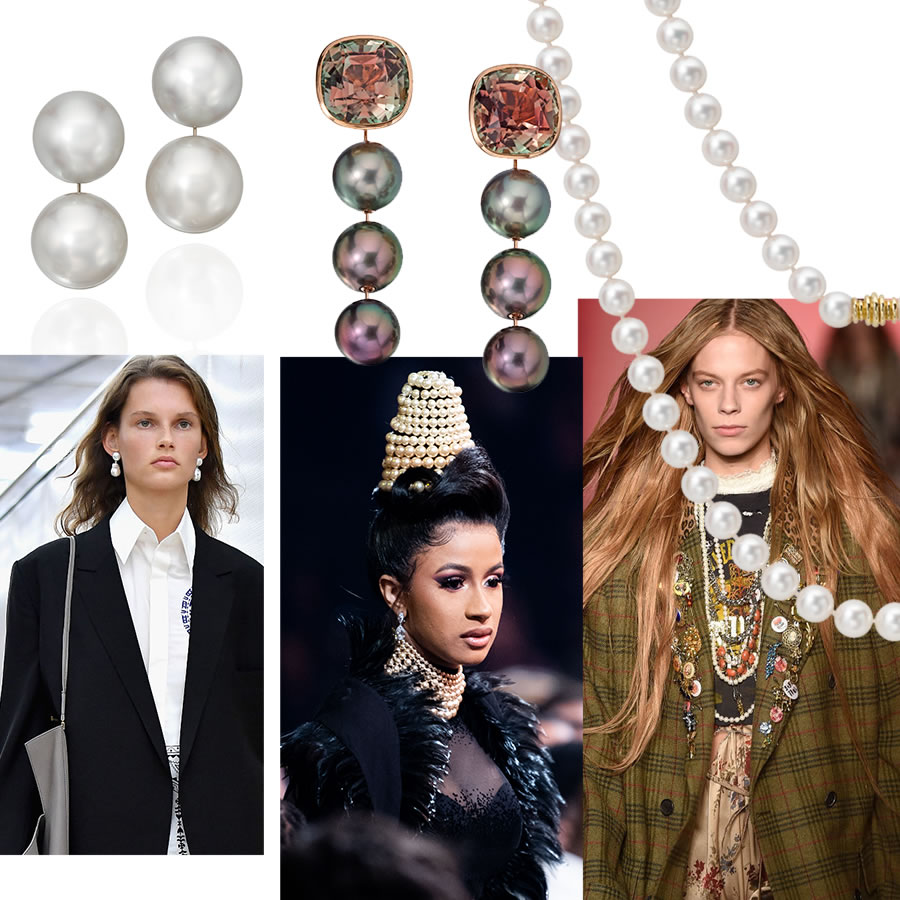Clockwise L to R – ASSAEL South Sea pearl earrings, ASSAEL Tahitian pearl and Bi-color Tourmaline Drop Earrings, ASSAEL Essential Akoya Pearl Necklace in Various Lengths, RT3 NY Fashion Week 2019, Cardi B at the 61st Annual Grammy’s, Phoebe Philo for Celine Paris Fashion Week