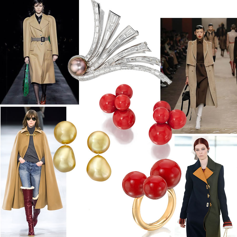 Clockwise from Upper Left: Givenchy F/W19; Assael Tahitian Pearl Fanfare Brooch; Sardinian Coral Bubble Earrings by Sean Gilson for Assael; Fendi F/W19; Tory Burch F/W19; Sardinian Coral Bubble Ring by Sean Gilson for Assael; Golden Keshi South Sea Pearl Earrings by Assael; Givenchy F/W19.
