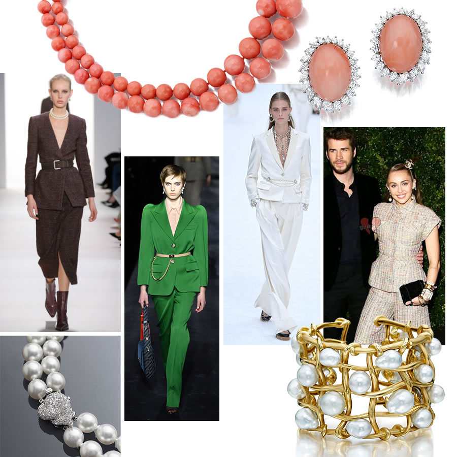 Clockwise from Upper Left: Assael Angel Skin Coral Necklaces, Angel Skin Coral and Diamond Earrings; Liam Hemsworth and Miley Cyrus in Chanel; Assael Keshi South Sea Pearl Cuff; Winter White at Chanel F/W19; Givenchy F/W19; Designer Angela Cummings Fish Tail Knot Necklace for Assael; Brock Collection F/W19.