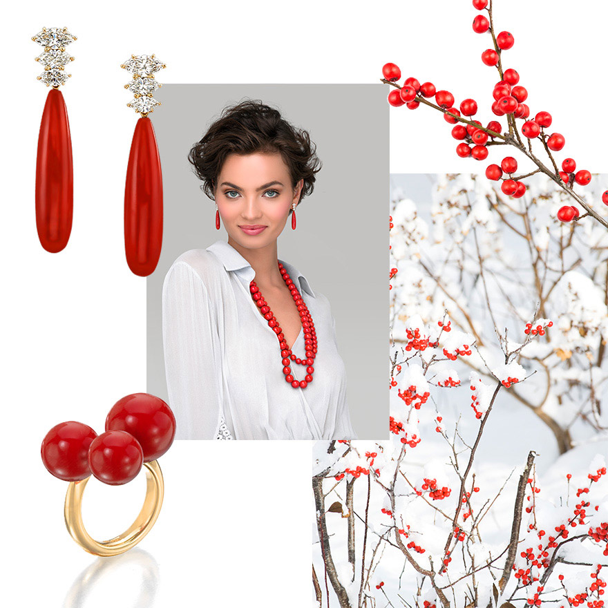 Clockwise from top left – Assael Pagoda Sardinian Gem Coral Earrings with Diamonds, Assael Double Strand Sardinian Gem Coral Necklace with Pagoda Earrings, Sardinian Gem Coral Gold Ring from the Bubble Collection by Sean Gilson for Assael