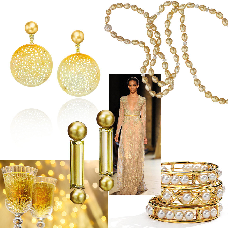 Clockwise from top left – Assael Golden South Sea Pearl Earrings with Carved Yellow Jadeite, Golden Keshi Pearl and Diamond Rope Necklace, Assael Abacus and XO Bangles, Elie Saab runway, Fiji Pearl and Golden Green Beryl Earrings