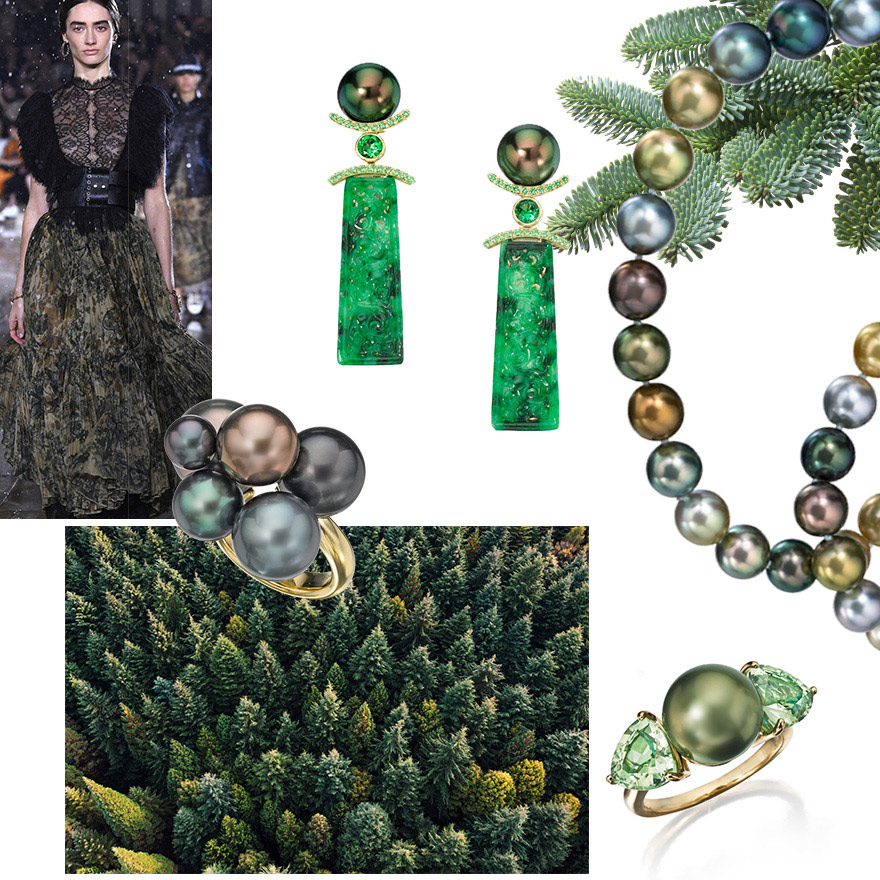 Clockwise from top left –Christian Dior Couture S/S 2019 Cruise Collection, Assael Green Pearl earrings with Green Garnet and Carved Green Jadeite, J. Hunter Fiji Pearl Necklace  Assael Fiji Pearl and Green Garnet Ring, 6 Pearl Tahitian Bubble Ring by Sean Gilson for Assael