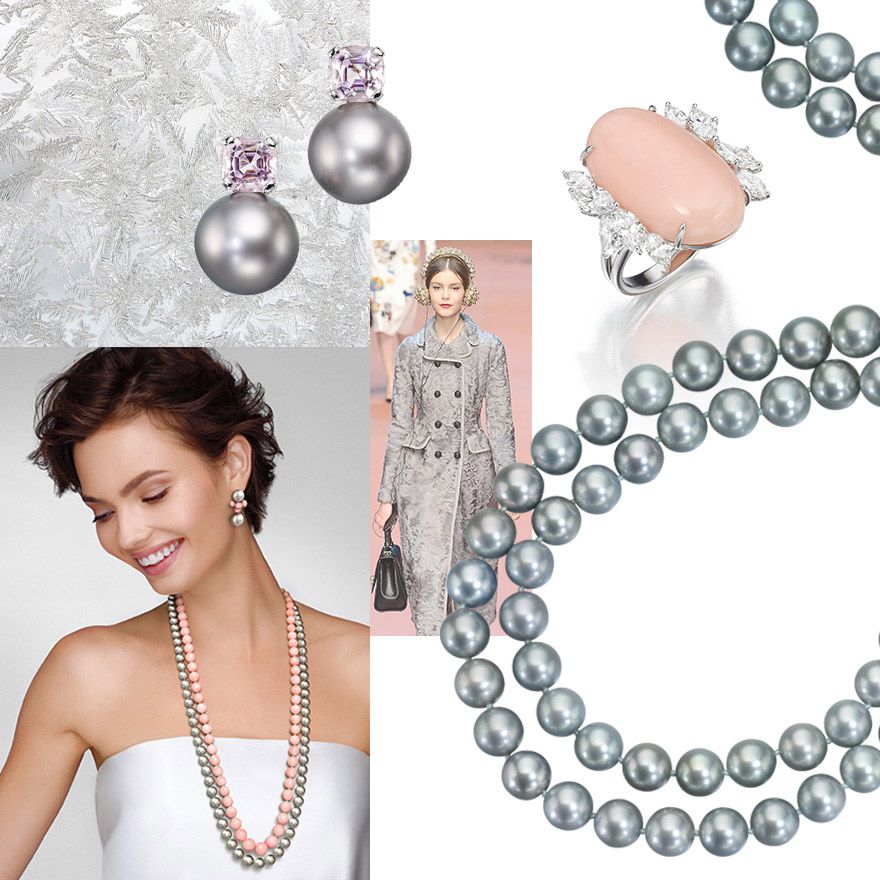 Clockwise from top left – Tahitian Pearl and Morganite Earrings, Dolce & Gabbana Couture, Assael Angel Skin Coral and Diamond Ring, Assael Double Strand Tahitian Pearl Necklace