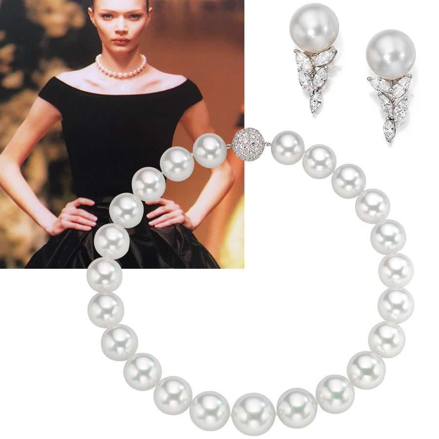 Clockwise L to R – vintage Oscar De La Renta for Balmain, La Fuille South Sea Pearl and Diamond Earrings, Assael Classic South Sea pearl necklace
