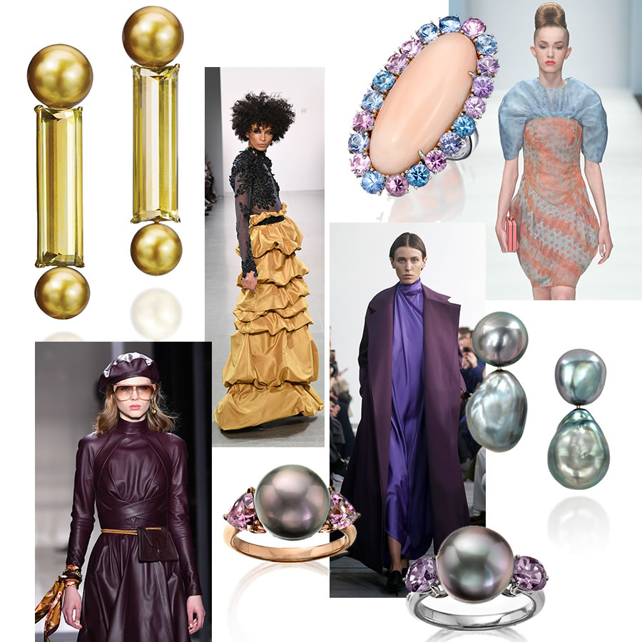 Clockwise from top left – Assael Modern Mobiles Fiji Pearl and Golden Green Beryl Earrings, fashion image, Assael Oval Angel Skin Coral and Spinel Cocktail Ring, fashion image, Assael Multi-Hued Baroque Fiji Pearl Drop Earrings, fashion image, Assael Tahitian Pearl and Spinel Rings, fashion image