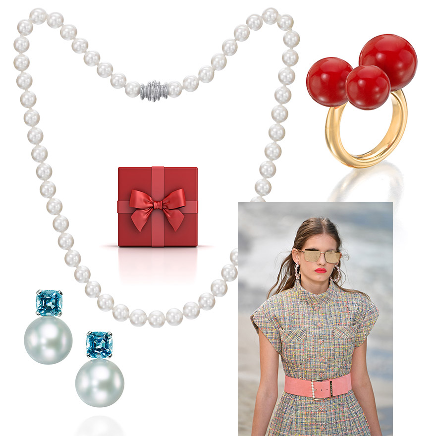Assael Essentials Akoya Pearl Necklace with Yellow or White Gold Clasp, Natural Sardinian Coral Ring from the Bubble Collection by Sean Gilson, Chanel Spring/Summer 2019, Assael South Sea Pearl and Aquamarine Stud Earrings