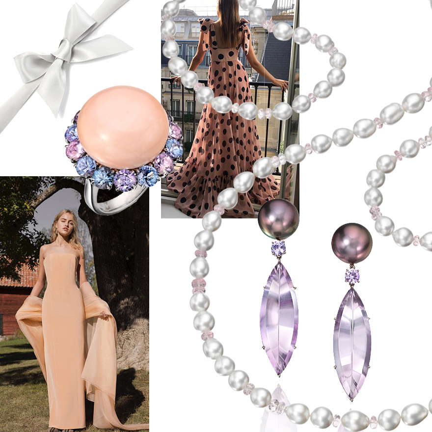 Assael Angel Skin Coral & Multicolored Lavender Spinel Ring, Set in Platinum, @lealdaccarett, Contemporary South Sea Baroque Pearls & Morganite Rope Necklace, Assael Tahitian Pearl Amethyst and Lavender Spinel Drop Earrings, @bazzaalzouman.