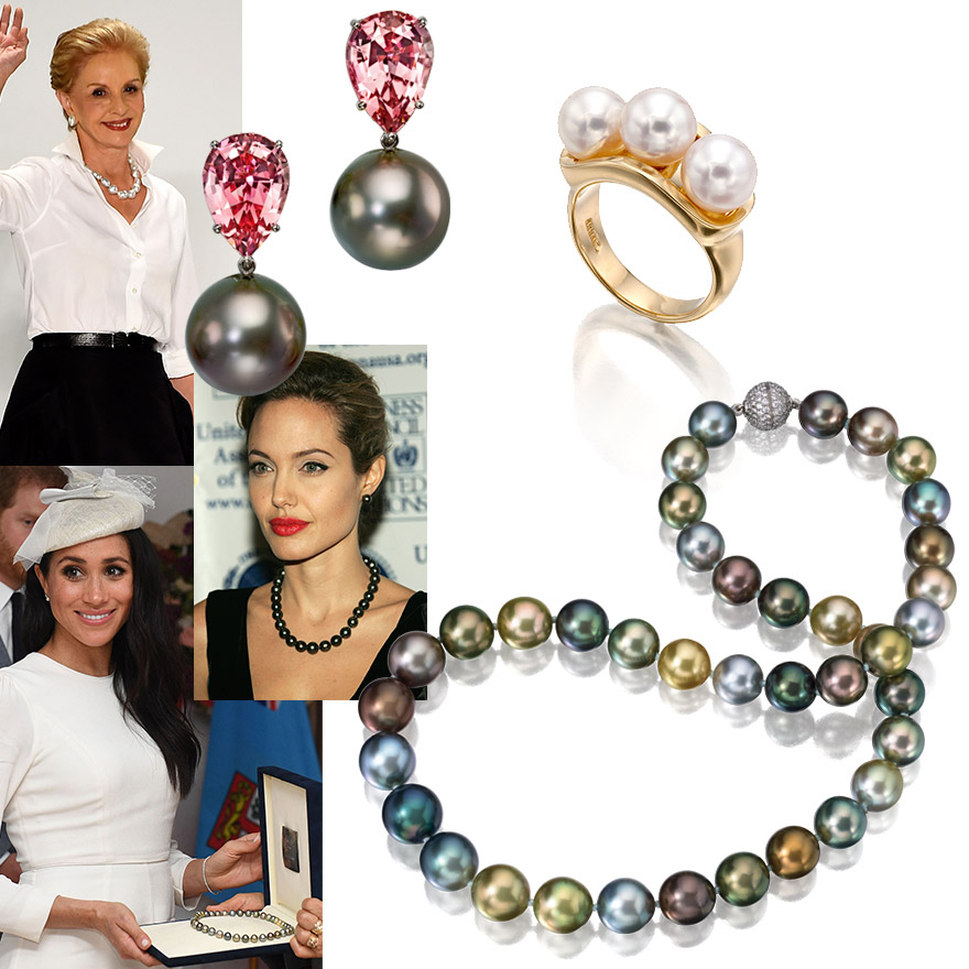 Assael Tahitian Pearls with detachable Pink Pear-Shaped Tourmalines Clip Backs, Assael Trilogy Akoya Pearl Ring, set in 18K Gold. Fiji Pearl Necklace by J. Hunter for Assael, 18” - Holiday Gifts for Her