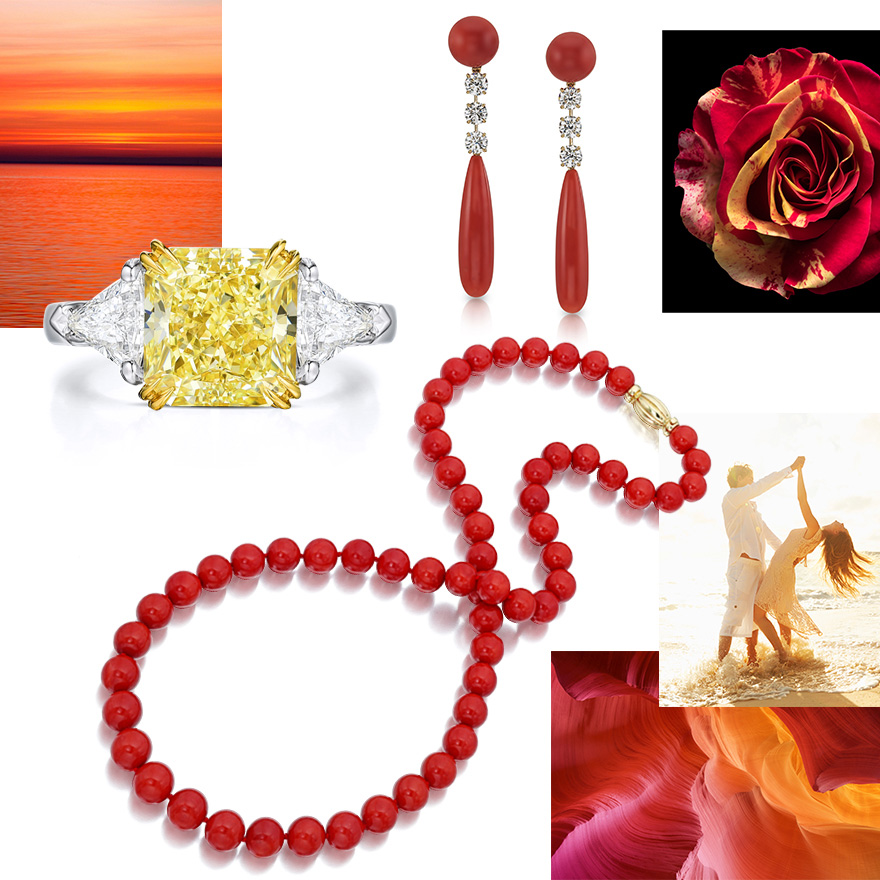 Yellow diamonds, Sardinian coral earrings and necklaces