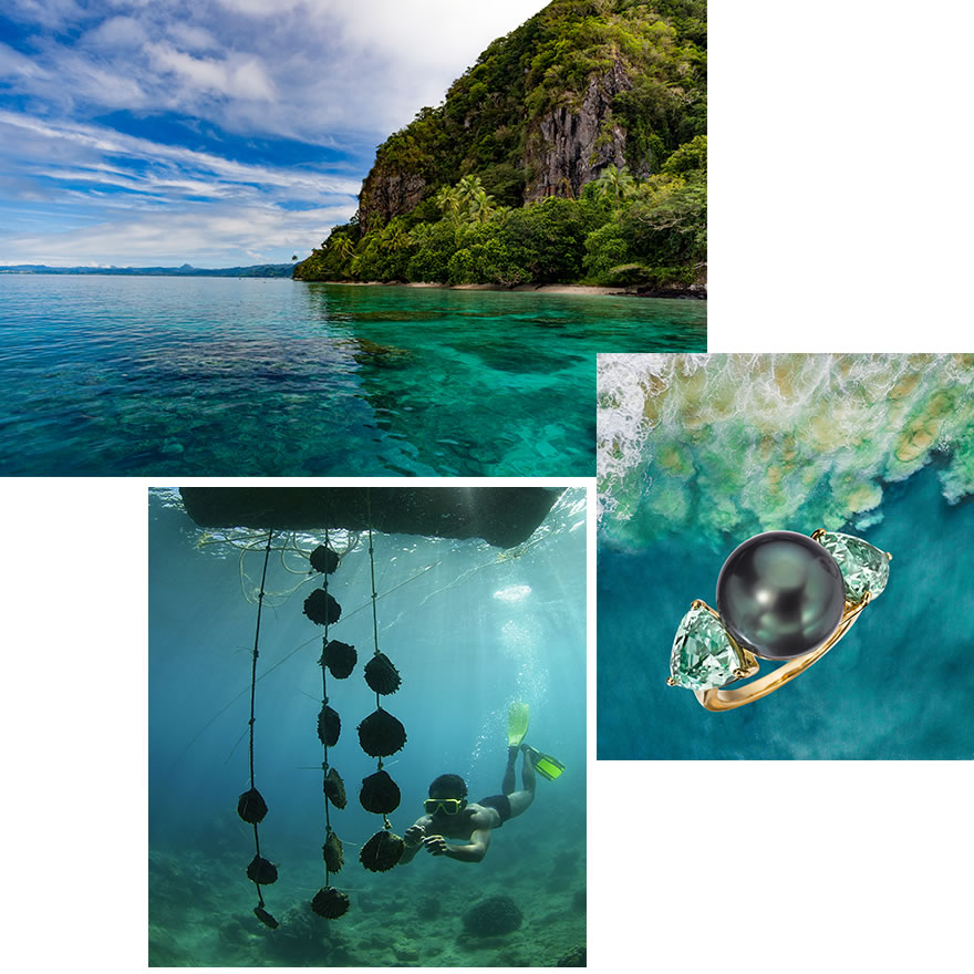 Clockwise from left – pristine blue water of the sea, Assael Tahitian Pearl and Green Garnet Ring, Pearl farmer deep sea diving to check health and status of pearl oysters