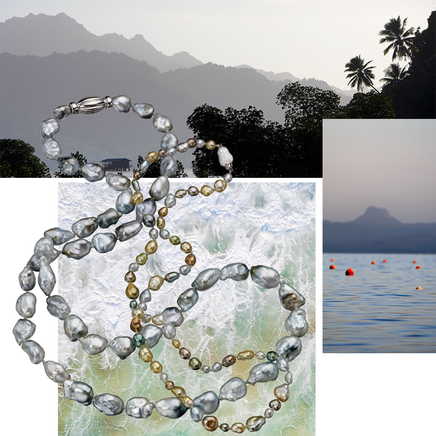 Clockwise from top – South Sea flora and fauna, buoys floating along the water marking the location of oyster nets below, Assael Keshi Fiji Pearl Necklace and Baroque Fiji Pearl Necklace