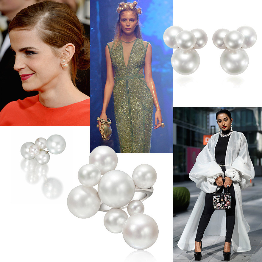 Emma Watson at Golden Globe Awards arrivals, Amato runway Oct 2017, Bubbles by Sean Gilson for Assael earrings and ring, Street Style look at Fashion Forward Dubai.