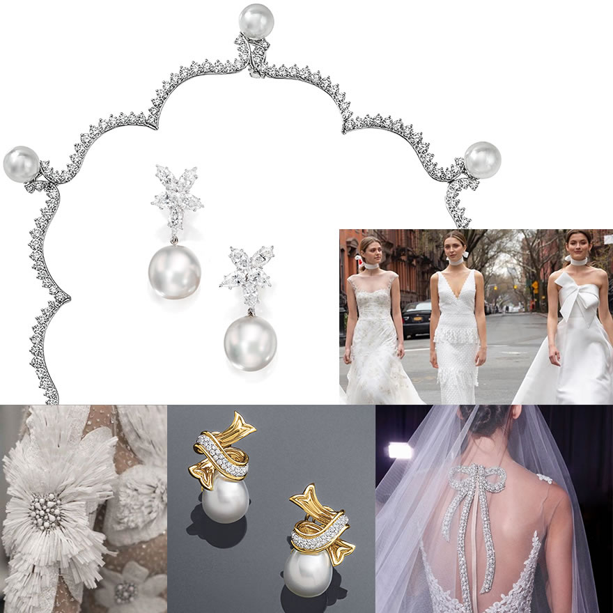 Top: Designer Angela Cummings Scallop Necklace by Assael; XXX Pearl and Diamond Earrings by Assael; Ribbons and Bows @lelarose. Bottom: Beaded Details @naeemkhannyc; Designer Angela Cummings South Sea Pearl and Diamond Ribbon Earrings by Assael; Pearl Embellishments @reemacrawedding.