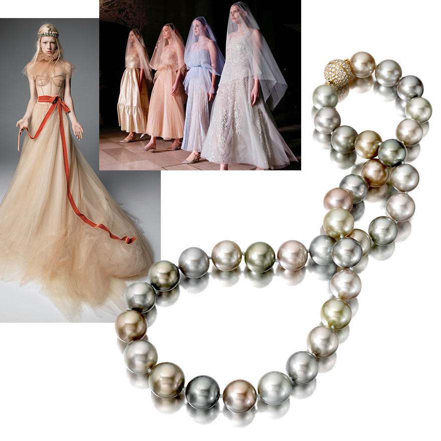 L to R: Gown by Vera Wang @bridesmagazine; Gown @reemacrawedding; Rare and Colorful Fiji Pearls by J. Hunter for Assael, 19” Necklace.