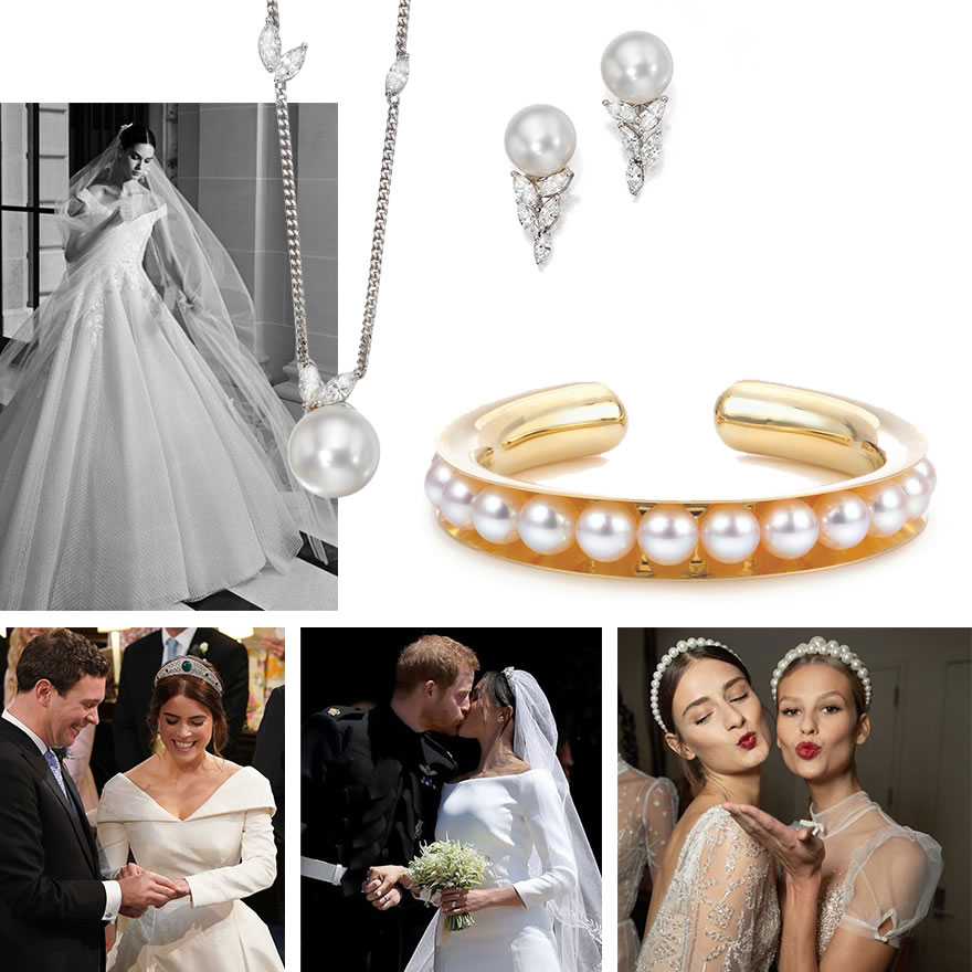 Clockwise from Top Left: Gown @rojinstyle; Assael La Fuille South Sea Pearl and Diamond Necklace and Earrings; Sean Glson for Assael Akoya Pearl Flex Cuff; Headbands by Inbal Dror @bridesmagazine; The Duke and Duchess of Sussex, @bridesmagazine; Princess Eugenie Weds Jack Brooksbank, GettyImages.