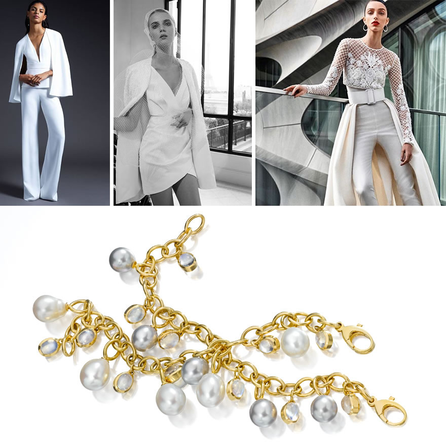 Top: Capes @cusnie and @eliesaab; Skirt-Over-Jumpsuit @naeemkhannyc. Bottom: Something Blue: Assael South Sea Baroque Pearl Bracelet and Tahitian Pearl Bracelet, both with Moonstones. 