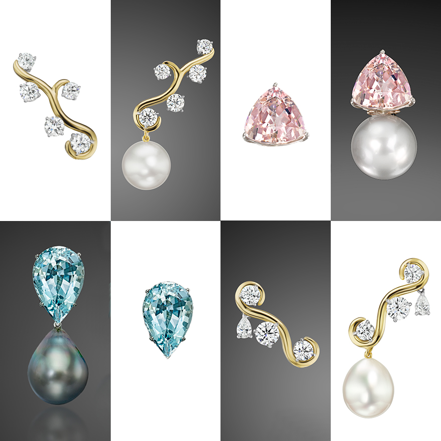 Clockwise from Upper Left – Assael Diamond and Detachable Round South Sea Pearl Earrings, Assael Detachable Tahitian Pearl and Trillion Aquamarine Earrings, Assael Diamond and Detachable Baroque South Sea Pearl Earrings, Assael Detachable Tahitian Pearl Drop Earrings with Pear Shaped Aquamarines