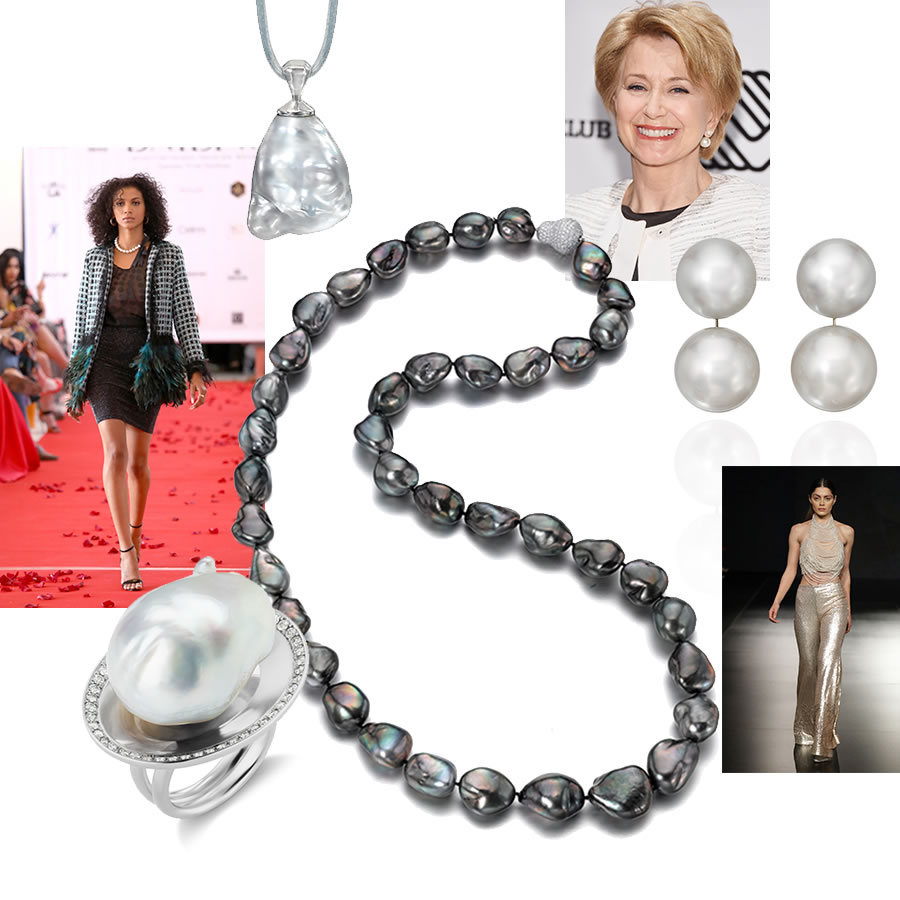 Pictures of BNTB Cannes Fashion Week 2019, Assael South Sea Baroque Pearl pendant on a silk cord, Jane Pauley host of CBS Sunday Morning, Assael 4-Pearl South Sea Pearl Earrings, Zainab Al Kisswani – Jordan Fashion Week 2019, Assael Tahitian Baroque Pearl Necklace, Assael Baroque South Sea Pearl Ring in White Gold with Diamonds