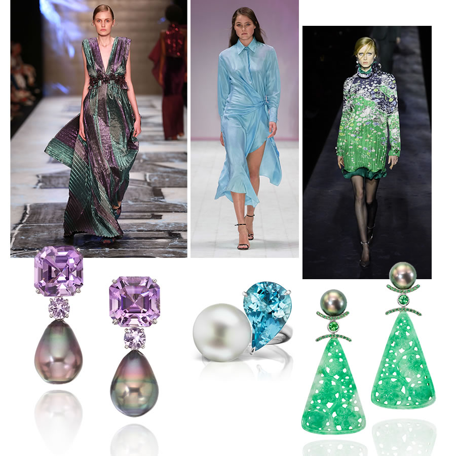 Picture of, Oziem Suer Istanbul Fashion Week March 2019, Style Collective Australia, Givenchy Paris F/W 2019/2020, Assael Tahitian Pearl earrings with Green Garnet, Tsavorite and Hand-carved Green Jade, Assael South Sea Pearl and Aquamarine ring, Assael Tahitian Pearl and Amethyst Drop Earrings
