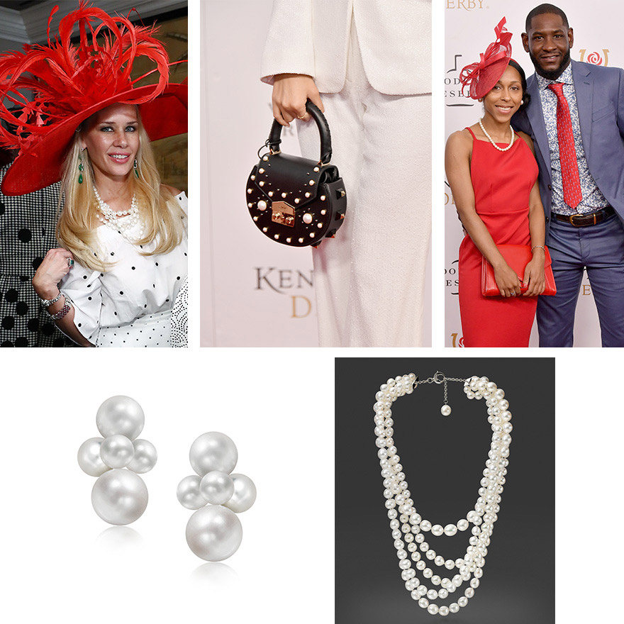 Top Left Michelle-Marie Heinemann, Top Middle Victoria Justice’s pearl studded clutch, Top Right Deire Foxx and his guest, Bottom Row Left to Right:  Contemporary South Sea and Akoya Pearl Large Bubble Earrings and Contemporary South Sea Pearl "Moonlight" Necklace