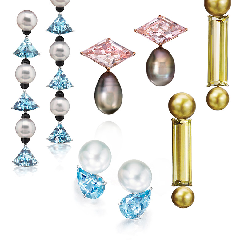 Earrings combining pearls with uniquely cut gemstons