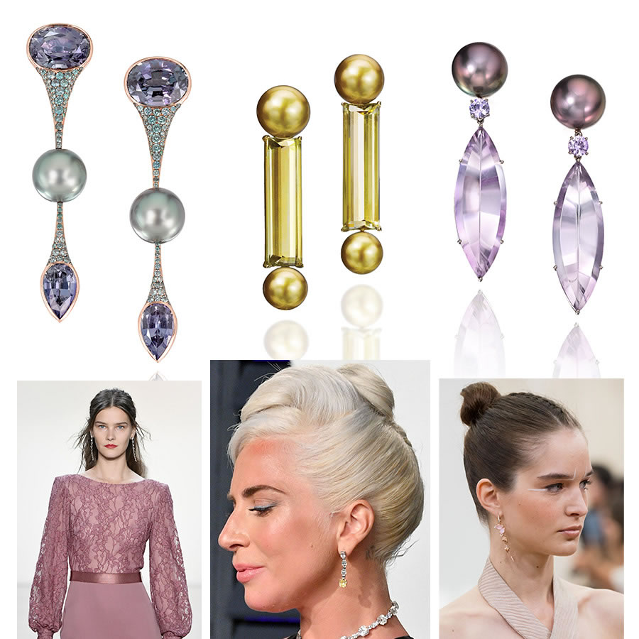 Clockwise from Top Left: Tahitian Pearl and Unheated Tanzanite Stiletto Earrings; Fiji Pearl and Golden Green Beryl Earrings, Tahitian Pearl, Amethyst and Lavender Spinel Earrings, all by Assael. Gyunel Haute Couture F/W’’18; Lady Gaga at the 2019 Academy Awards. Tadashi Shoji FW’19.