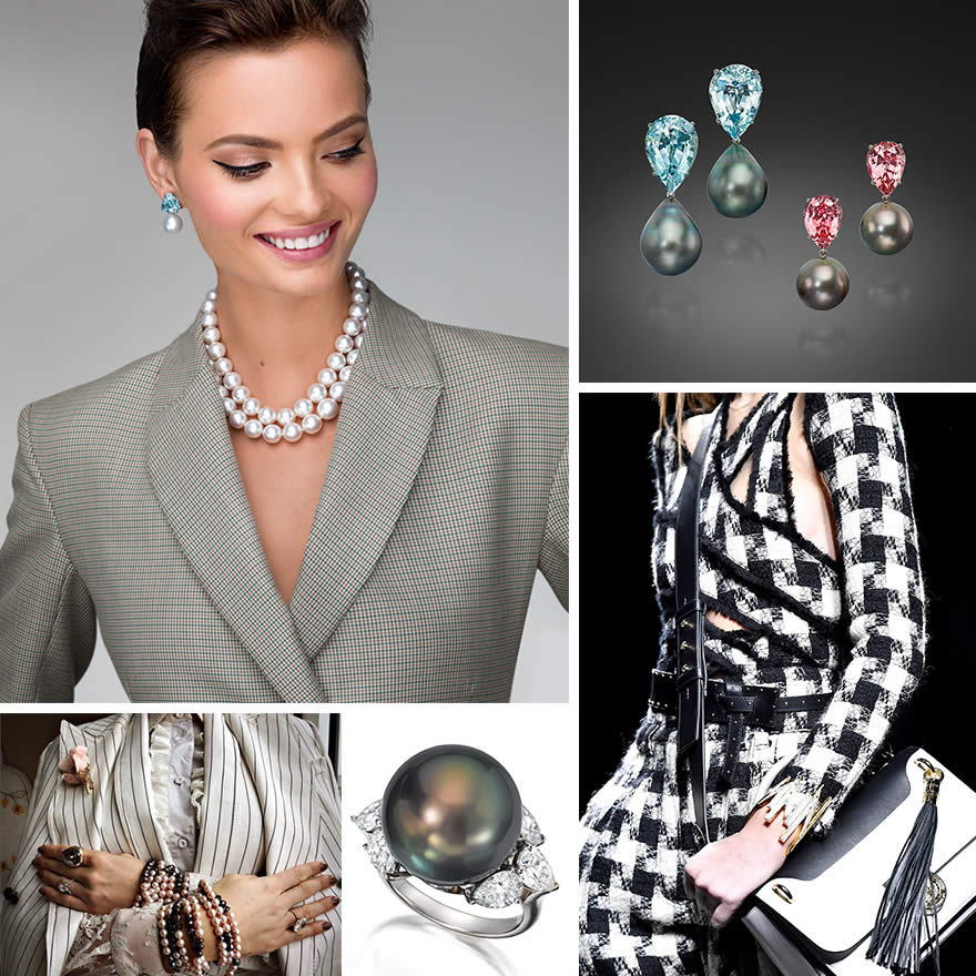 Assael South Sea Pearl Necklace and South Sea Pearl and Aquamarine Earrings; Assael Tahitian Pearl Drop Earrings with Aquamarines and Tourmalines; Balmain FW18; Assael Tahitian Pearl and Diamond Ring; Menswear &amp; Pearls Photo Courtesy of @blakelively on Instagram.