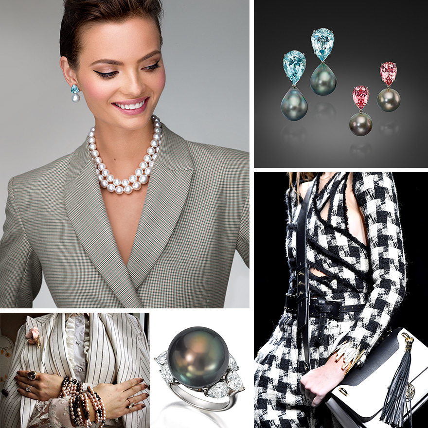 Assael South Sea Pearl Necklace and South Sea Pearl and Aquamarine Earrings; Assael Tahitian Pearl Drop Earrings with Aquamarines and Tourmalines; Balmain FW18; Assael Tahitian Pearl and Diamond Ring; Menswear & Pearls Photo Courtesy of @blakelively on Instagram.