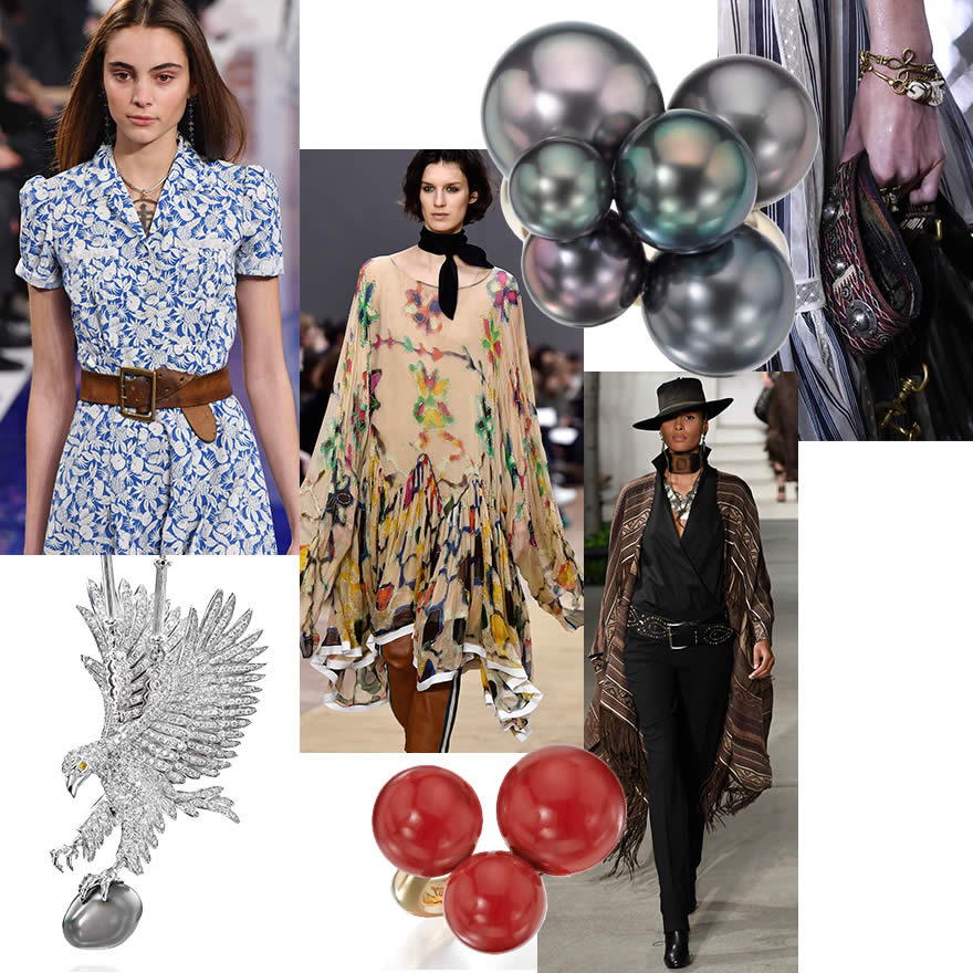 Ralph Lauren, Feb. 2018; Chloe, 2017; Tahitian Bubble Ring by Sean Gilson for Assael; Christian Dior SS19; Ralph Lauren FW16; Assael Sardinian Coral Bubble Ring by Sean Gilson for Assael; American Bald Eagle Necklace with Tahitian Pearl, by Julie Parker for Assael.