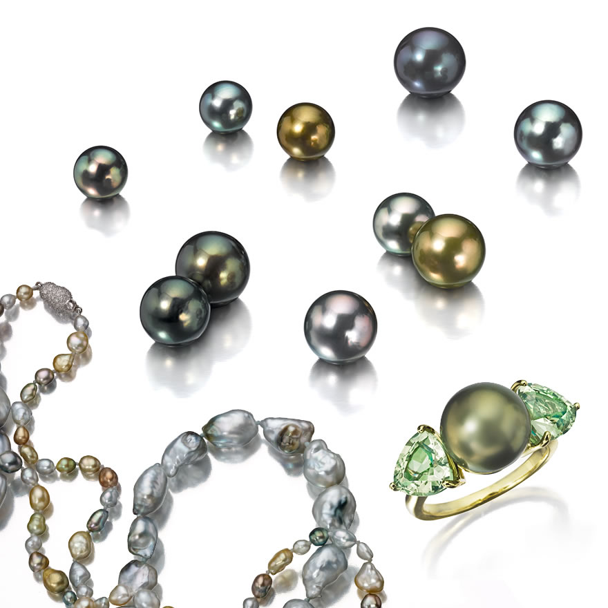 Bottom Left – Assael Keshi Fiji pearl necklace and baroque Fiji pearl necklace, Assael ring featuring green Fiji pearl with green garnet set in 18K yellow gold