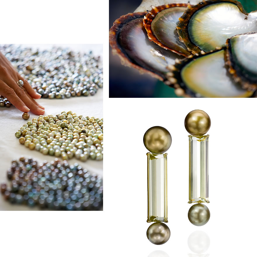 Assael drop earrings featuring Fiji pearls with golden beryl