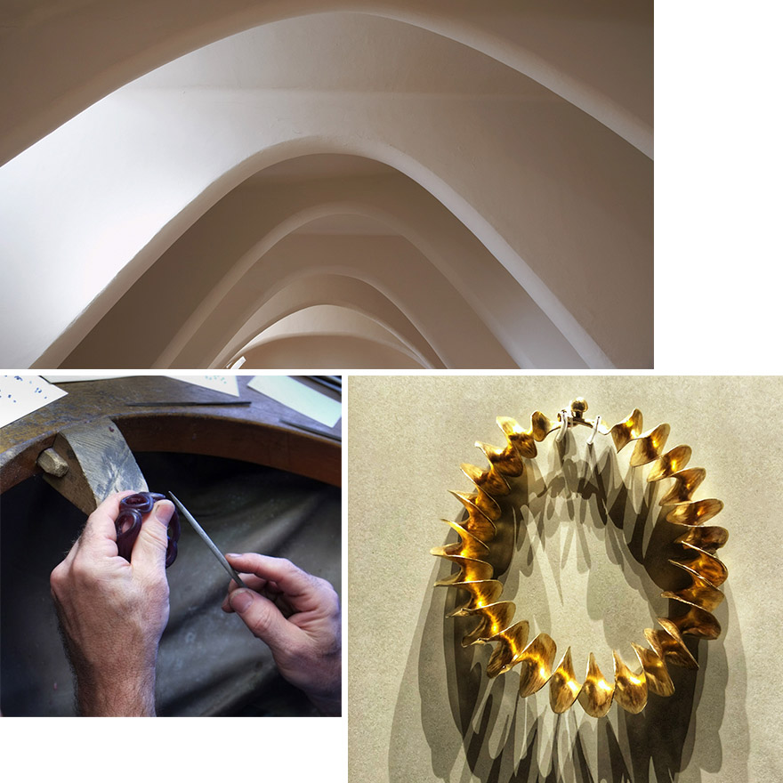 Clockwise L to R from top -  Interior of Gaudi’s Casa Batillo in Barcelona, Gold Ribbon Torc found near Belfast dating to the 3rd Century BC, Sean Gilson at his jeweler’s work bench