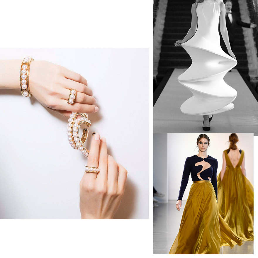Clockwise L to R – Katerina Perez featuring Assael gold and Akoya pearl bracelets, Pierre Cardin Beijing Fashion Week, Leanne Marshall F/W 18