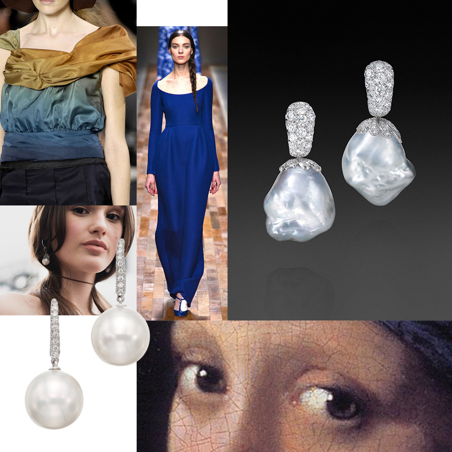 Clockwise from Top Left - Louis Vuitton vintage runway, Valentino, Assael Baroque South Sea Cultured Pearl drop earrings with diamonds, Girl with a Pearl Earring close-up, Assael Akoya Pearl drop earrings with diamonds, Jonathan Simkai runway NYFW Feb 2018.