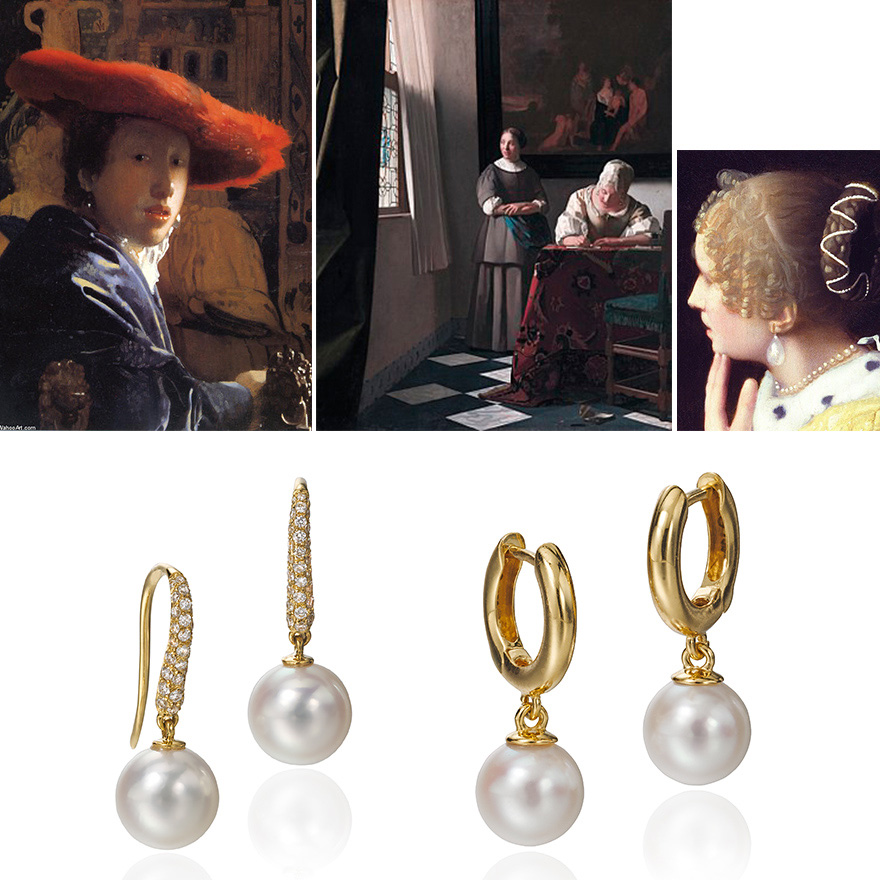 Various works by Johannes Vermeer, examples of Assael Gem Pearl Drop earrings