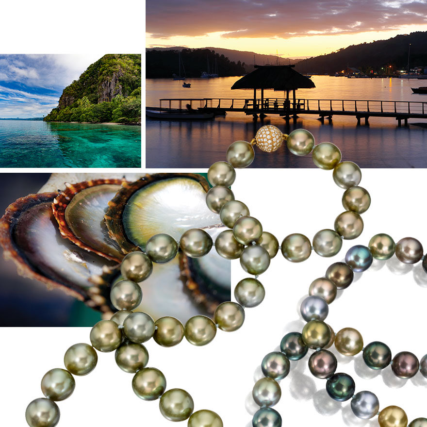 Clockwise from upper left – pristine waters of the Savu Savu Bay in Fiji / dock at sunset in Fiji / 18” Multicolor Sustainable Fiji Pearl Necklace by J. Hunter for Assael / Various Colorfully Lipped Oyster Shells from Fiji, images courtesy of J. Hunter Fiji Pearls
