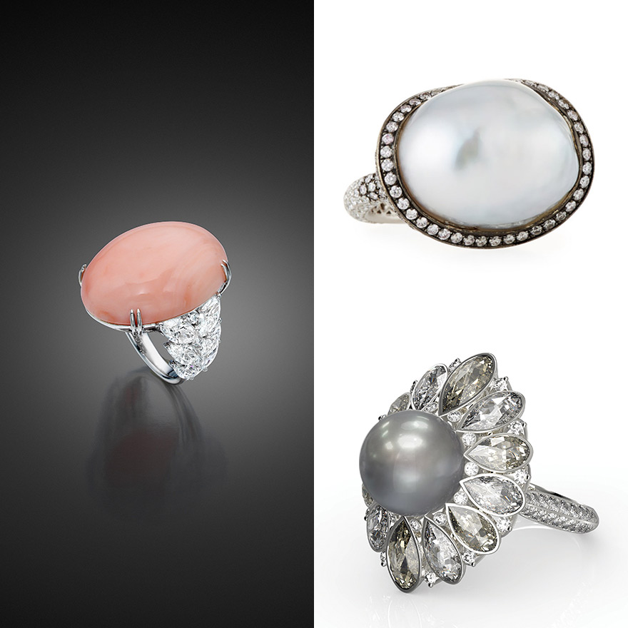 Assael Statement Rings featuring angel skin coral, South Sea pearls and Tahitian pearls