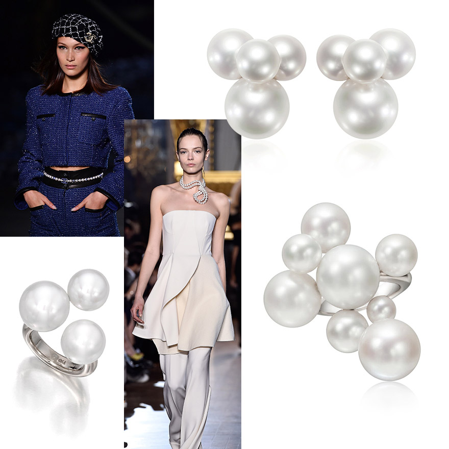 Clockwise: Chanel Cruise 2018/19 Collection; Bubbles by Sean Gilson for Assael South Sea and Akoya Pearl Earrings; Assael Large Bubble Ring; Stella McCartney Runway; Assael Small Bubble Ring.