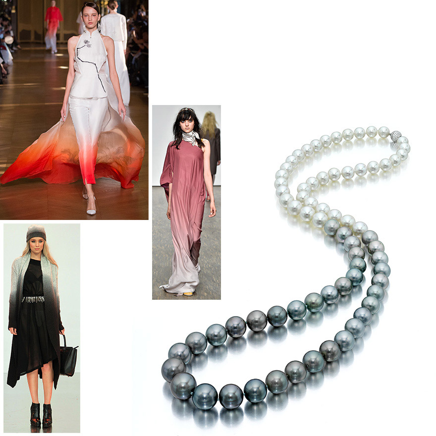 Clockwise: Heaven Gaia Runway; Dawid Tomaszewski Collection; Ombré South Sea and Tahitian Pearl 36” Necklace by Assael; Kate Sylvester Runway.