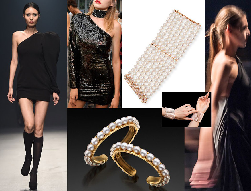 Far Left and Right, Models walk the runway at the Essa show at Fashion Forward, Dubai 10/26/17 / A model backstage at CFDA/Vogue Fashion Fund Show and Tea at Chateau Marmont 10/25/17 / Assael 18K contemporary pearl cuff / Assael 8 row pearl bracelets (inset photo credit Katerina Perez @katerinaperez)