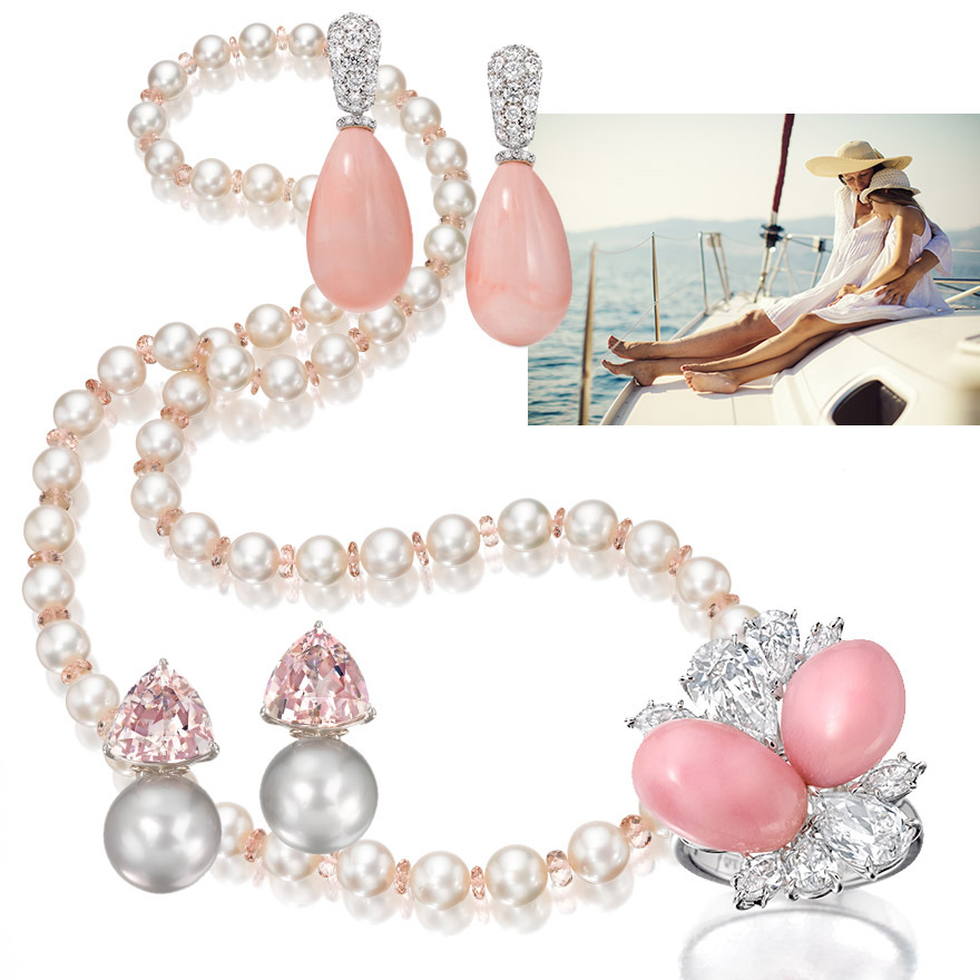 Clockwise from upper left - Contemporary Round South Sea Pearl & Morganite Rope necklace, Angel Skin Coral and Diamond Drop Earrings, Assael Natural Conch Pearl Ring, South Sea Pearls with Morganite