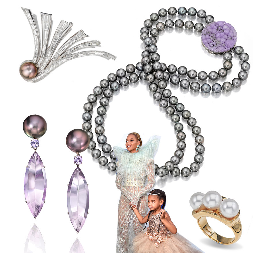 Classic Tahitian and Diamond Fanfare Brooch, Double Row Tahitian Pearl Necklace with Lavender Jadeite Clasp, Trilogy Akoya Ring, Tahitian Pearl, Amethyst and Lavender Spinel Earrings