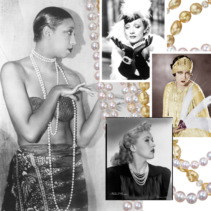 Clockwise from Left – Josephine Baker 1925 / Assael Sunset 7-Row Akoya Pearl Necklace / Marlene Dietrich 1936 / Assael Golden Keshi Pearl Necklace / Gloria Swanson / Betty Grable 1938