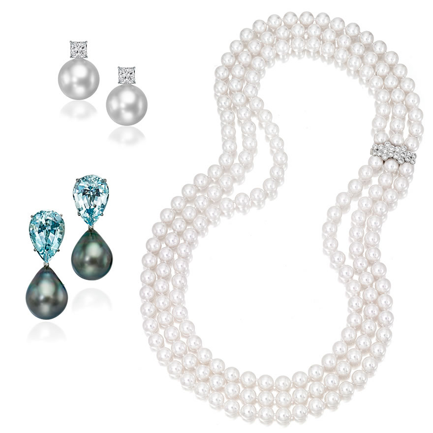 Assael South Sea & Diamond Stud Earrings, Assael 3-Strand Akoya pearl necklace with Diamond Clasp, Assael Natural Color Tahitian Pearl Drop Earrings with detachable Aquamarine Studs