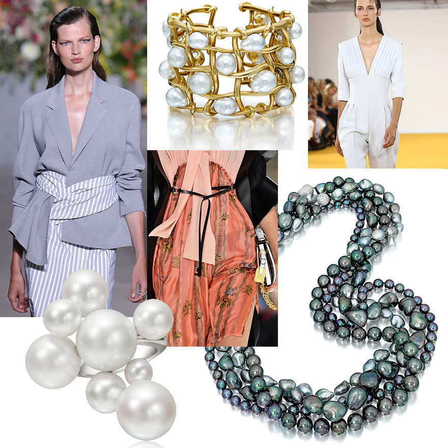 Runway left to Right: Missing; Missing, Missing. Jewelry by Assael: Contemporary South Sea Pearl Bubble Ring by Sean Gilson for Assael; “Treillage” South Sea Keshi Pearl Cuff; Four Baroque South Sea Pearl Necklaces (Sam to check with Alison)